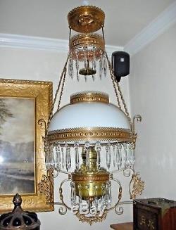 - Antique Victorian Parlor Dining Room 14 Shade Hanging Oil Lamp Brass Frame