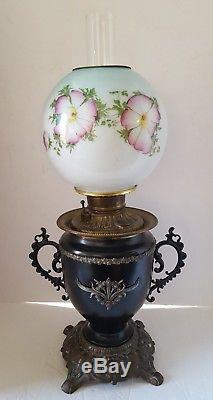 Antique Victorian Parlour Banquet Oil Lamp 1898 Trophy Base Hand Painted Globe