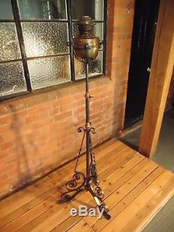 Antique Victorian Piano Oil Lamp On Wrought Iron And Copper Stand or Altar Light