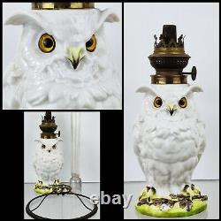 Antique Victorian Porcelain China Owl Oil Lamp Glass Eyes Kosmos German c1880
