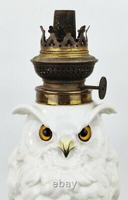 Antique Victorian Porcelain China Owl Oil Lamp Glass Eyes Kosmos German c1880