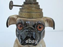 Antique Victorian Pug Dog China Oil Lamp with Glass Eyes