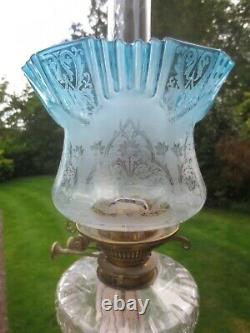 Antique Victorian Rare Blue Acid Etched Duplex Oil Lamp Shade