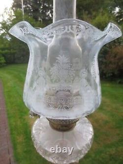 Antique Victorian Rare Cherub Glass Tulip Acid Etched Duplex Oil Lamp Shade