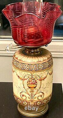 Antique Victorian Royal Doulton Berslem Slaters Oil Lamp Cranberry Glass Shade