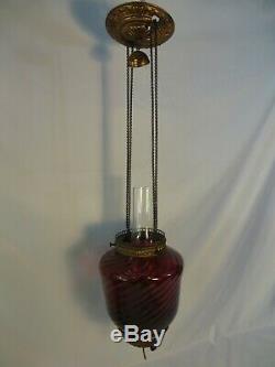 Antique Victorian Ruby Swirl Pull Down Oil Lamp C1890