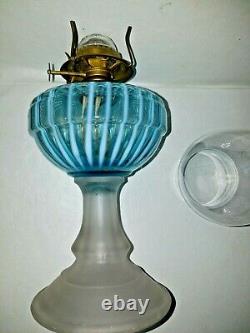 Antique Victorian Sheldon Swirl Blue & White Opalescent Glass Radiant Oil Lamp
