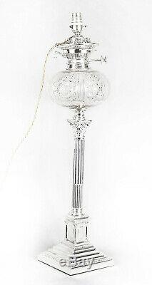 Antique Victorian Silver Plated Corinthian Column Table Oil Lamp c. 1890