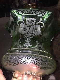 Antique Victorian Solid Silver Oil Lamp With Original Green Etched Shade
