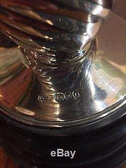 Antique Victorian Solid Silver Oil Lamp With Original Green Etched Shade