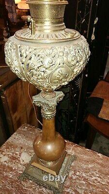 Antique Victorian Tall Parlor Oil Lamp Brass and Copper Hand Painted Shade