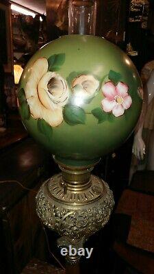 Antique Victorian Tall Parlor Oil Lamp Brass and Copper Hand Painted Shade