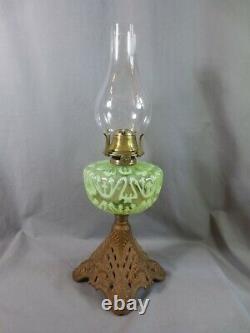 Antique Victorian Vaseline Glass Oil Lamp And Chimney Shepards Hut Farmhouse