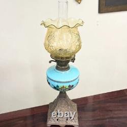 Antique Victorian Vaseline Uranium Glass Oil Lamp Cast Iron Base UV Reactive