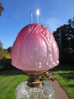 Antique Victorian Veritas Cranberry Acid Etched Beehive Duplex Oil Lamp Shade