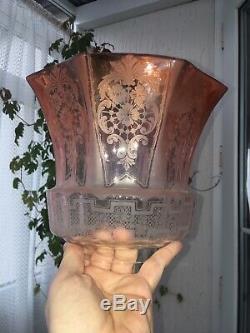 Antique Victorian Veritas Peach Glass Etched Paraffin Kerosene Oil Lamp Shade