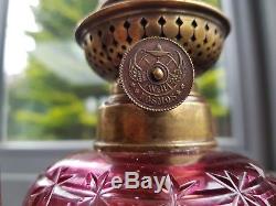 Antique Victorian Wild & Wessel W&W Cranberry Baccarat Cut Glass Oil Lamp Brass