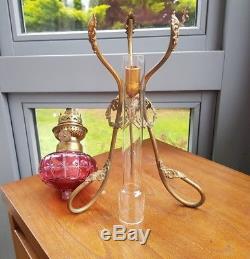 Antique Victorian Wild & Wessel W&W Cranberry Baccarat Cut Glass Oil Lamp Brass