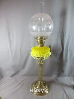 Antique Victorian Yellow Glass & Brass OIL Lamp Original Round Etched Shade