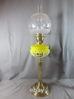 Antique Victorian Yellow Glass & Brass OIL Lamp Original Round Etched Shade