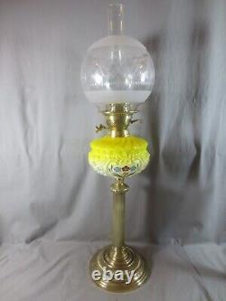 Antique Victorian Yellow Glass & Brass OIL Lamp Original Round Etched Shade