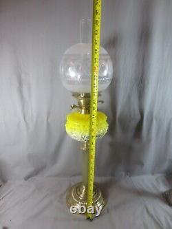 Antique Victorian Yellow Glass & Brass OIL Lamp Original Round Etched Shade