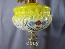 Antique Victorian Yellow Glass & Brass OIL Lamp Original Round Etched Shade