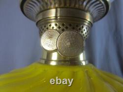 Antique Victorian Yellow Glass & Brass OIL Lamp Original Round Etched Shade