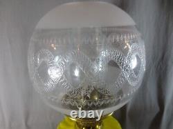 Antique Victorian Yellow Glass & Brass OIL Lamp Original Round Etched Shade