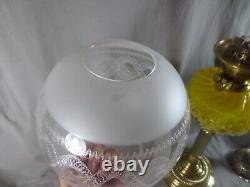 Antique Victorian Yellow Glass & Brass OIL Lamp Original Round Etched Shade