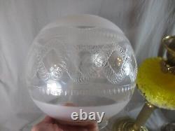 Antique Victorian Yellow Glass & Brass OIL Lamp Original Round Etched Shade