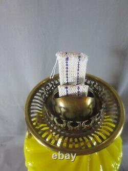 Antique Victorian Yellow Glass & Brass OIL Lamp Original Round Etched Shade