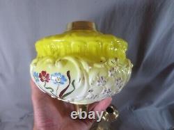 Antique Victorian Yellow Glass & Brass OIL Lamp Original Round Etched Shade