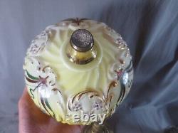 Antique Victorian Yellow Glass & Brass OIL Lamp Original Round Etched Shade