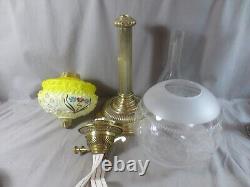 Antique Victorian Yellow Glass & Brass OIL Lamp Original Round Etched Shade