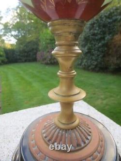 Antique Victorian Youngs Brass & Glass Uranium Vaseline Oil Lamp & Original Base