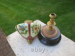 Antique Victorian Youngs Brass & Glass Uranium Vaseline Oil Lamp & Original Base