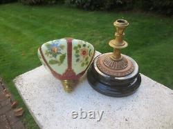 Antique Victorian Youngs Brass & Glass Uranium Vaseline Oil Lamp & Original Base