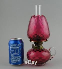 Antique Victorian Youngs Cranberry Glass Finger Oil Lamp Orig Shade & Chimney A