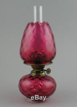 Antique Victorian Youngs Cranberry Glass Finger Oil Lamp Orig Shade & Chimney A