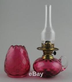 Antique Victorian Youngs Cranberry Glass Finger Oil Lamp Orig Shade & Chimney B