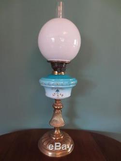 Antique Victorian (c1870)column Oil Lamp- Turquoise Glass Font-opal Globe Shade