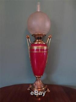 Antique Victorian (c1880) Cranberry Porcelain Oil Lamp-fine Etched Globe Shade
