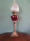 Antique Victorian(c1880) Oil Lamp-cranberry Glass Font-closed Etched Tulip Shade