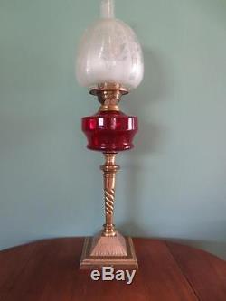 Antique Victorian(c1880) Oil Lamp-cranberry Glass Font-closed Etched Tulip Shade