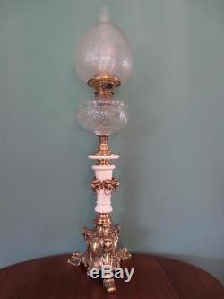 Antique Victorian (c1880)lion Oil Lamp-cut Glass Font- Fine Etched Globe Shade