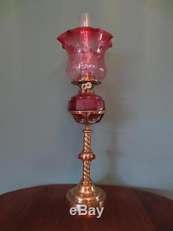 Antique Victorian(c1890) S. H. S. Oil Lamp With Cranberry Glass Font & Tulip Shade