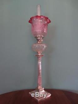 Antique Victorian(c1890) Silver Oil Lamp- Cut Glass Font-cranberry Tulip Shade