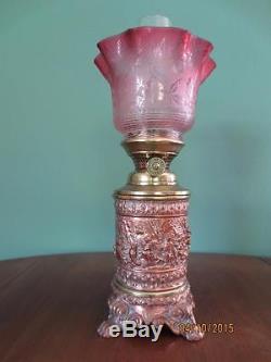 Antique Victorian (circa1880) Copper Oil Lamp-fine Etched Cranberry Glass Shade