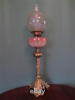 Antique Victorian (circa1880) Oil Lamp Vaseline Glass & Fine Etched Globe Shade